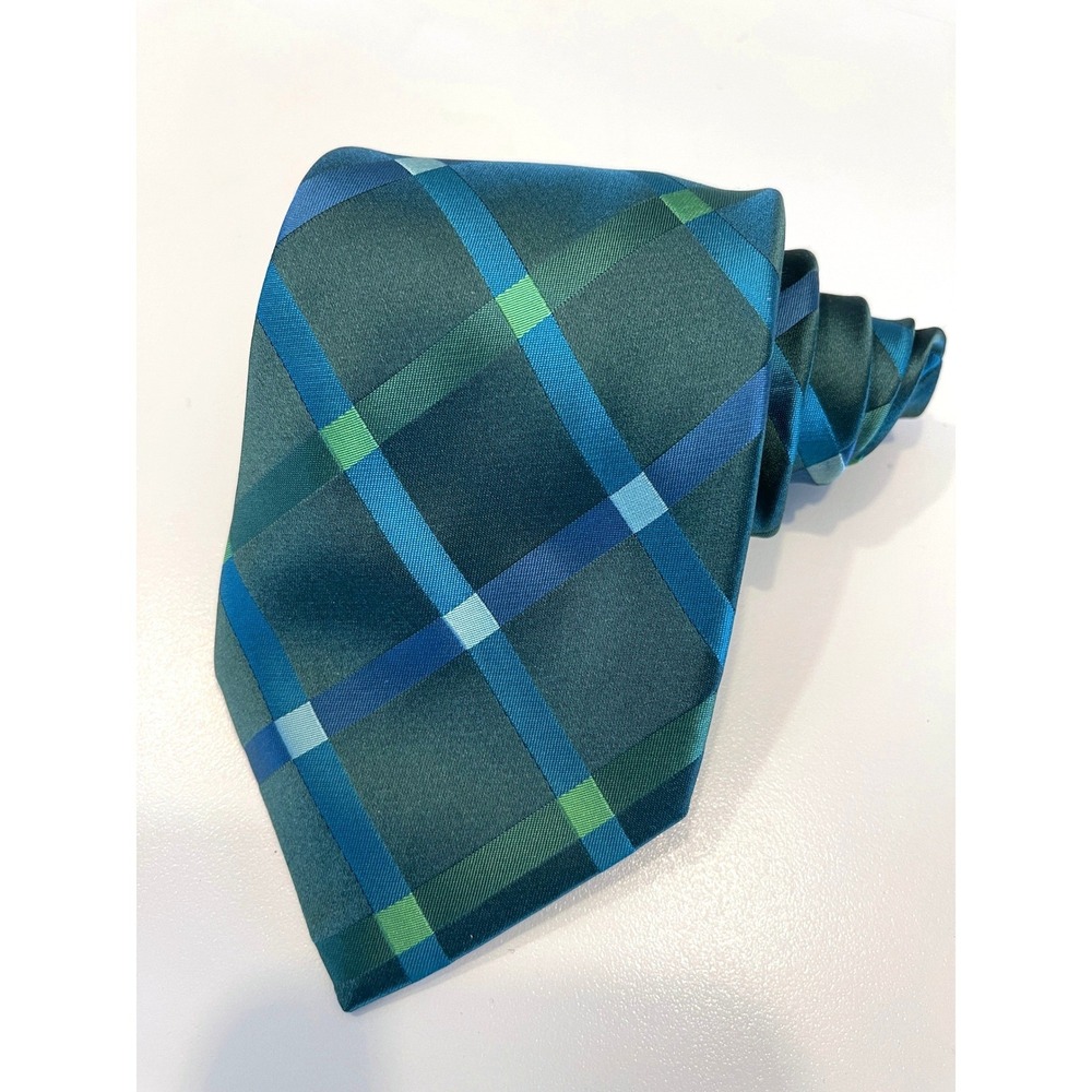 BCBG Attitude Green Blue Plaid Silk Mens Tie Preppy